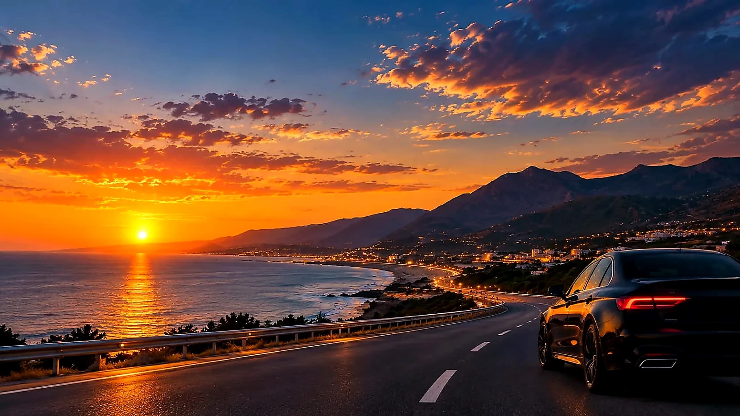 Voiture de location MDA CAR au coucher du soleil sur la route côtière, Souss-Massa